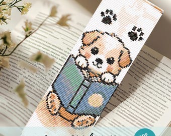 Cute Small Dog Bookmark Cross Stitch Design, Cute Dog With Book Pattern, Dog Easy Bookmarks Ideas Embroidery Pattern