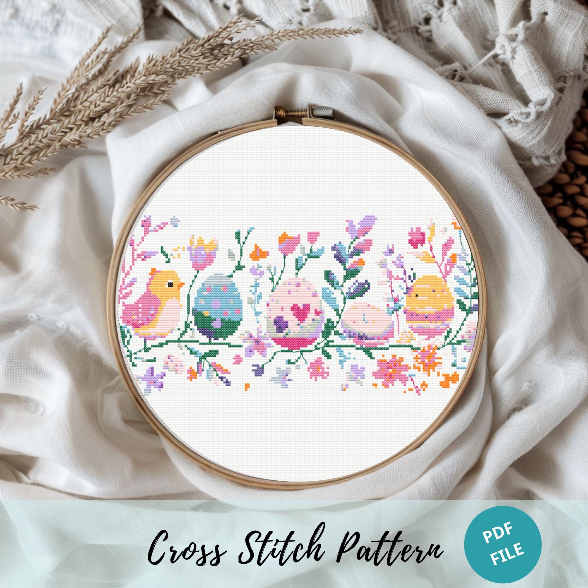 Easter Egg Hunt Border Cross Stitch Pattern Spring Bird Embroidery PDF ...