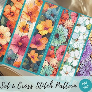 Set of 6 Watercolor Floral Cross Stitch Bookmarks, Warm Blooming Flowers Embroidery, Digital PDF Bookmark Set