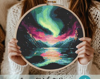 Colorful Landscape Northern Lights Cross Stitch Pattern, Aurora Borealis Embroidery Design, Starry Sky Cross Stitch PDF