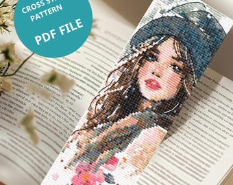 Spring Bloom Girl Bookmark Cross Stitch Pattern Floral Embroidery PDF Pattern
