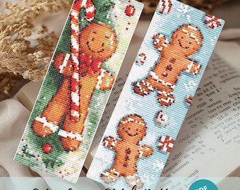 May include: A set of two cross stitch patterns featuring gingerbread men. The first pattern shows a gingerbread man holding a candy cane in front of a green and red Christmas tree. The second pattern shows a gingerbread man lying on his back with snowflakes and candy canes around him.