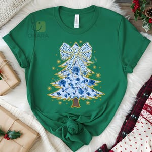 Colorful Gold Glitter Chinoiserie Christmas Tree PNG Coquette Blue Christmas Sublimation Designs Download Blue Floral Bow Dalmatian Dots Bow