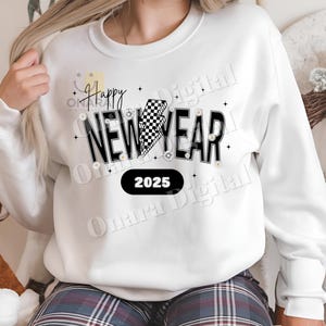 Happy New Year 2025 Shirt Designs PNG, éclairage rétro du nouvel an, célébration du nouvel an sublimation téléchargement numérique, floral paillettes scintillantes