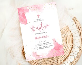 Baptism Pink Invitation, Girl Baptism Invite,  Editable Christening Invitation, Instant Download