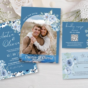 Modèle de faire-part de mariage bleu marine, invitation de mariage floral bleu foncé, modèle de toile modifiable