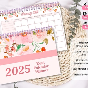 Pink Desk Calendar 2025, Floral Pink Design Monthly Planner with Notes, Printable Planner