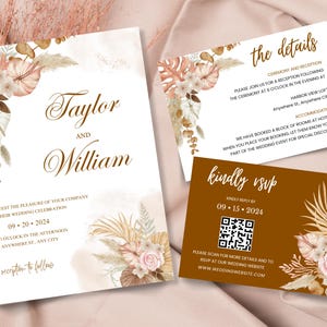 Boho Pampas Wedding Invitation Set,  Rustic Editable Printable Suite