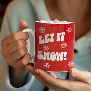 Festive Snowflake Mug - Let It Snow! 11oz, 15oz | Holiday Gift, Winter Decor, Coffee Lover, Red and White Snowflake Christmas Mug