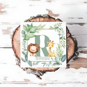 Carte personnalisée pour nouveau-né dans la jungle, cadeau personnalisé pour bébé avec animaux de safari, carte pour nouveau-né avec initiales pour bébé, carte sur le thème de la jungle