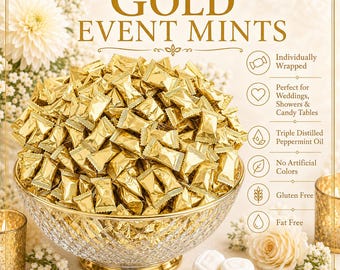 Gold Event Mints, Individually Wrapped, Wedding Favors, Peppermint Candy