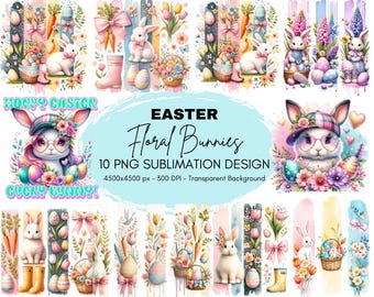 Easter Floral Bunnies Sublimation PNG Bundle: T-Shirt & Mug Designs (Digital Download)