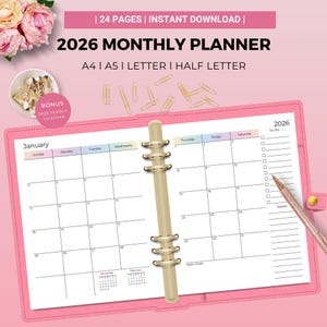 2026 Monthly Planner Printable | 2 Pages Per Month l Planner Insert | Sunday & Monday Start | A4 A5 Letter Half Size | Minimalist I PDF