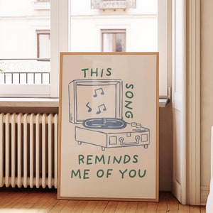 May include: A beige poster with a hand-drawn illustration of a vintage record player with the text "This song reminds me of you".