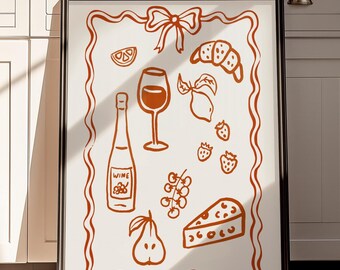 Dinner Party Art Print | Wine, Cheese, and Fruit Minimalist Kitchen Wall Decor
