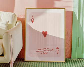 Ace of Hearts Art Print: Pink Playing Card Poster (Digital Download)