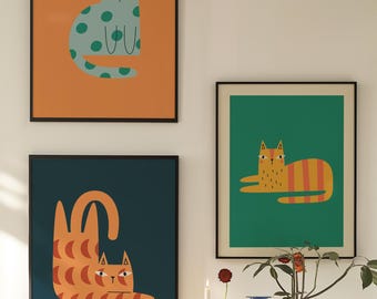 Colorful Cat Art | Set of 3 Prints | Bold Wall Decor | Kids Playroom Decor