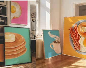 Colorful Breakfast Art Print Set of 4 | Pancakes, Coffee, Bacon, Egg Wall Decor | Kitchen Art