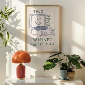 A minimalist illustration of a vintage record player with the text This song reminds me of you, placed on a neutral beige background. The design features a clean, hand-drawn aesthetic with simple, modern lines.