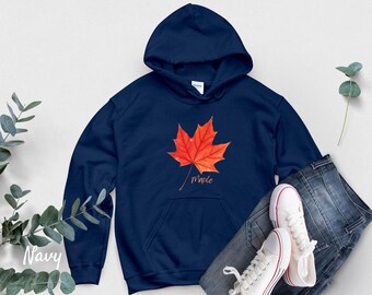 Maple Leaf Hoodie, Autumn Nature Hooded Sweatshirt, Navy Botanical Top