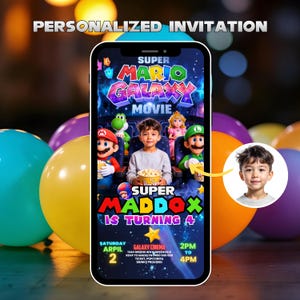 May include: A personalized invitation for a Super Mario Galaxy Movie-themed birthday party. The design features the movie title, characters, and a photo of the birthday boy. Includes party details: date, time, and location.