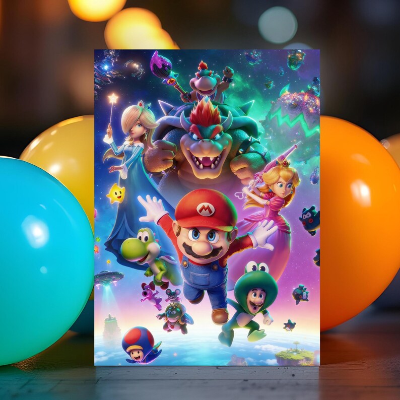 May include: A colourful illustration featuring characters from the Super Mario Bros. franchise. Mario, in his red cap and overalls, is the central figure, surrounded by Princess Peach, Yoshi, and Bowser. The background is a colourful space scene.