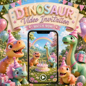 Video-uitnodiging voor een dinosaurusverjaardagsfeestje voor een meisje: Geanimeerd pastelkleurig dinosaurusfeestje met drie Rexen (digitale download MP4)