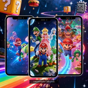 May include: Three smartphones displaying colorful illustrations of characters from the Super Mario video game series. The characters include Mario, Luigi, Princess Peach, and Yoshi, set against a space-themed background. The text "DREAMTEAM CREATIVE" is at the bottom.