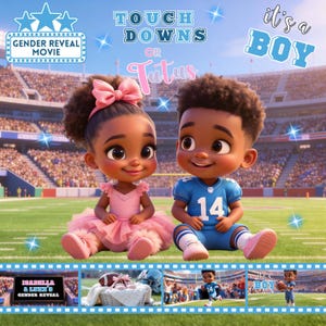 Könnte beinhalten: Digitale Illustration für einen Gender-Reveal-Film. Es zeigt zwei Cartoon-Babys, eines in einem rosa Tutu und das andere in einer blauen Football-Uniform. Der Text enthält "Touchdowns or Tutus" und "It's a Boy."