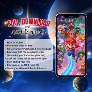 May include: A digital invitation template with the text "EDIT, DOWNLOAD and send to guests" against a space-themed background. The image includes a smartphone displaying a colorful video game scene and instructions on how to use the template.