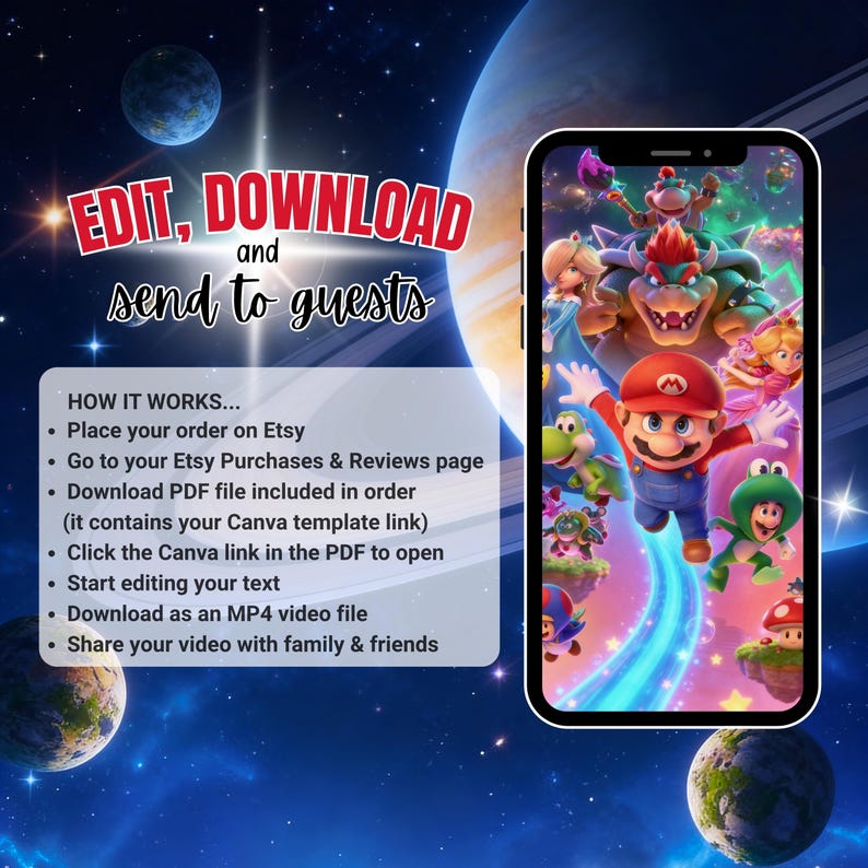 May include: A digital invitation template with the text "EDIT, DOWNLOAD and send to guests" against a space-themed background. The image includes a smartphone displaying a colorful video game scene and instructions on how to use the template.