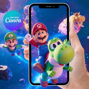 May include: A smartphone displays a vibrant image of Mario riding Yoshi, with Luigi and Princess Peach in the background. The image is set against a blue space-themed backdrop. The phone is held by a hand, with the text "EDIT WITH Canva" in the upper left corner.
