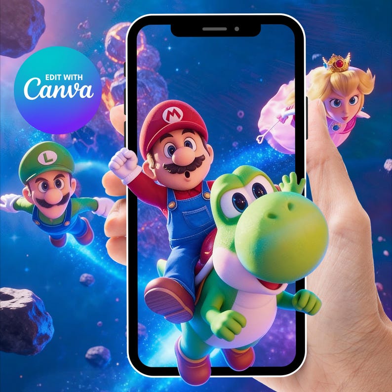 May include: A smartphone displays a vibrant image of Mario riding Yoshi, with Luigi and Princess Peach in the background. The image is set against a blue space-themed backdrop. The phone is held by a hand, with the text "EDIT WITH Canva" in the upper left corner.