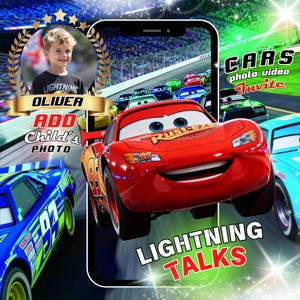 May include: A digital invitation featuring a child's photo, the name "Oliver," and the text "Add Child's Photo." The design includes a red race car, the text "Lightning Talks," and the words "Cars photo video Invite."