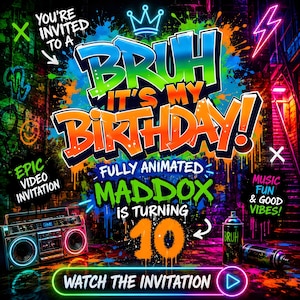 以下が含まれることがあります： 「YOU'RE INVITED TO A BRUH IT'S MY BIRTHDAY!」および「MADDOX IS TURNING 10」と書かれたグラフィティスタイルのテキストが特徴のデジタル誕生日招待状。デザインには、ラジカセ、スプレー缶、ネオンカラー、および「WATCH THE INVITATION」ボタンが含まれています。