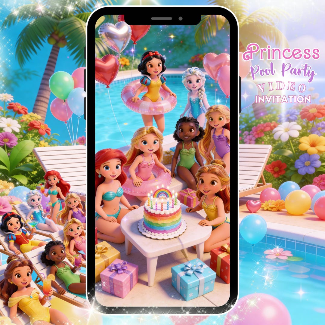 Princess Pool Princess Pool Party Video Invitation: Animated Princesses Summer ...