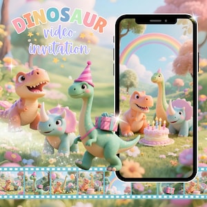 Pastel DINOSAUR Birthday Invitation Girl Dinosaur Video Invitation Digital She&#39;s a Three Rex Invite Animated Dino Birthday Rainbow Dinosaur