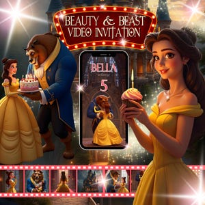 Invitación en video de LA BELLA y LA BESTIA Invitación en video digital de cumpleaños de La Bella y la Bestia Invitación en video de la Princesa Bella Invitación en video de la Princesa Bella Evite