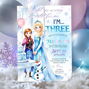 Peut inclure: Une invitation d'anniversaire avec des illustrations d'Elsa, Anna et Olaf de La Reine des Neiges. L'invitation comprend le texte "I'm Three" et les détails de la fête le 25 septembre. Le design intègre des flocons de neige et des couleurs pastel.