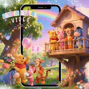 May include: A digital illustration featuring Winnie the Pooh and friends, with the text "GENDER REVEAL VIDEO" and "It's a GIRL". The scene includes a treehouse, a rainbow, and a pink balloon, creating a whimsical and celebratory theme.