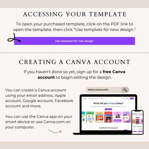 May include: A graphic with instructions on accessing and editing a template. The text includes "Use template for new design" in a purple box. It also shows how to create a Canva account and use the Canva app.