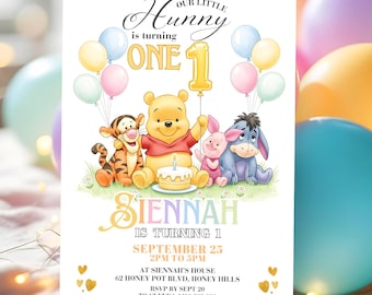 May include: A birthday invitation featuring Winnie the Pooh and friends. The invitation includes the text "Our Little Hunny is turning ONE" with the name "Siennah" and party details. Pastel balloons and a cake complete the design.