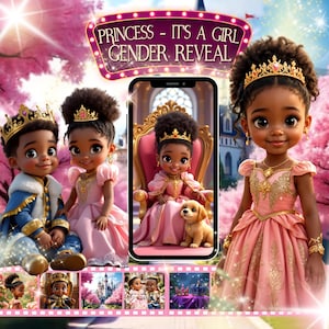 May include: A digital illustration for a gender reveal, featuring cartoon princesses and a prince. The image includes the text "PRINCESS - IT'S A GIRL GENDER REVEAL". The princesses wear pink gowns and gold crowns.