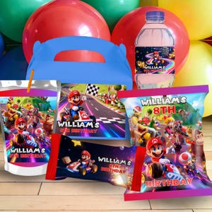 May include: A collection of party supplies featuring a Mario Kart theme. Includes a blue gift box, juice pouches, chip bags, and a water bottle, all decorated with Mario and other characters. The text "WILLIAM'S 8TH BIRTHDAY" is visible.