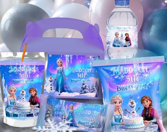 Frost-presenter, mellanmålspaket | Prinsessan Elsa, Anna och Olaf festdekorationer | Redigerbara mallar