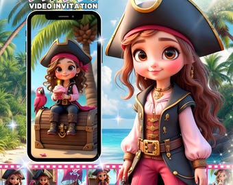 Pirate Girl Birthday Video Invitation: Animated Brunette Girl Party Evite (MP4 Digital Download)