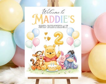 Winnie the Pooh Welcome Sign Editable Bear 2nd Birthday Party Banner Digital Download