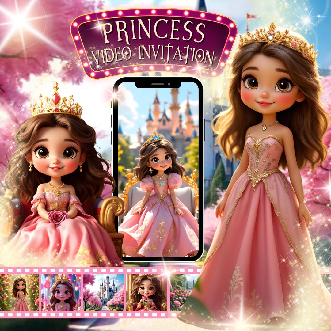 Brunette Princess Birthday Video Invitation: Editable Animated Pink ...