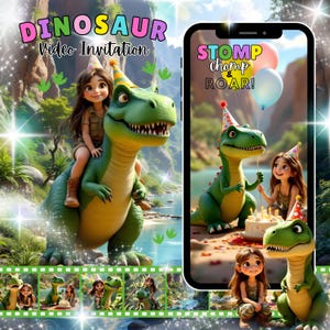 Può includere: Un invito digitale a tema dinosauri. L'invito presenta una ragazza che cavalca un dinosauro verde, con il testo "DINOSAUR Video Invitation". Uno smartphone mostra una scena di compleanno con dinosauri, palloncini e il testo "STOMP, chomp & ROAR!"