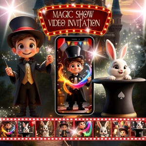 Peut inclure: Une invitation vidéo pour un spectacle de magie mettant en scène un magicien de dessin animé portant un chapeau haut de forme et un smoking tenant une baguette magique. L'invitation est sur fond de château et d'un lapin blanc portant un chapeau haut de forme. Le texte de l'invitation est "Magic Show Video Invitation".